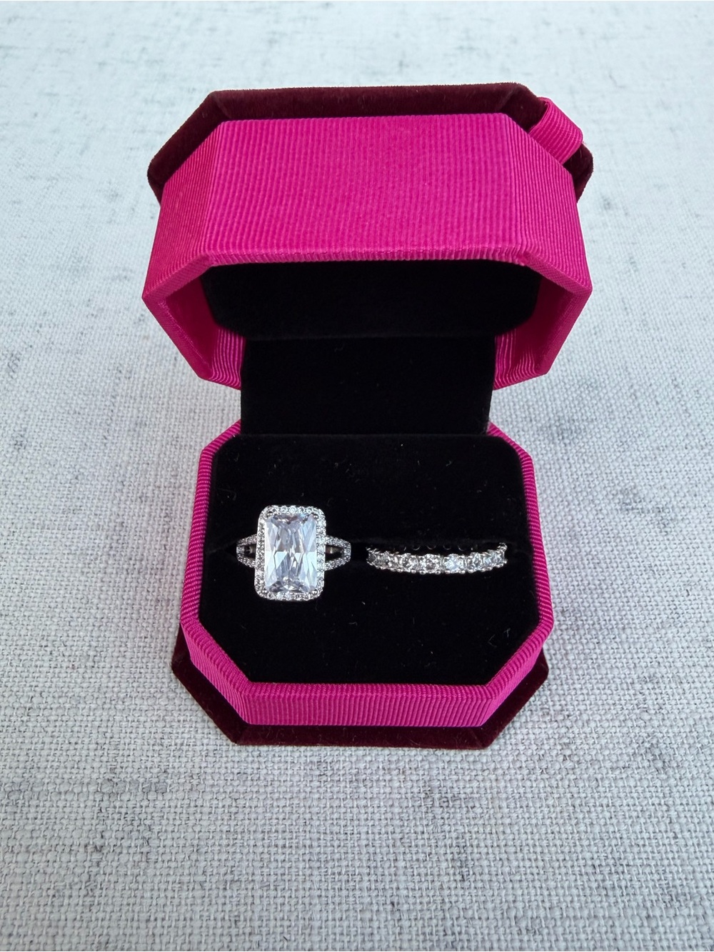 Elegant White CZ Halo Engagement Ring and Matching Band - Pink Box